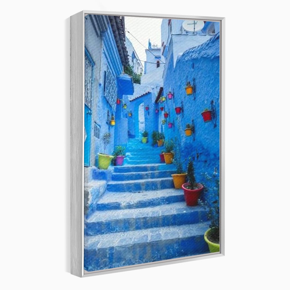 Tablou canvas cu tablou canvas cu straduta albastra din maroc, in rama de aluminiu argintiu